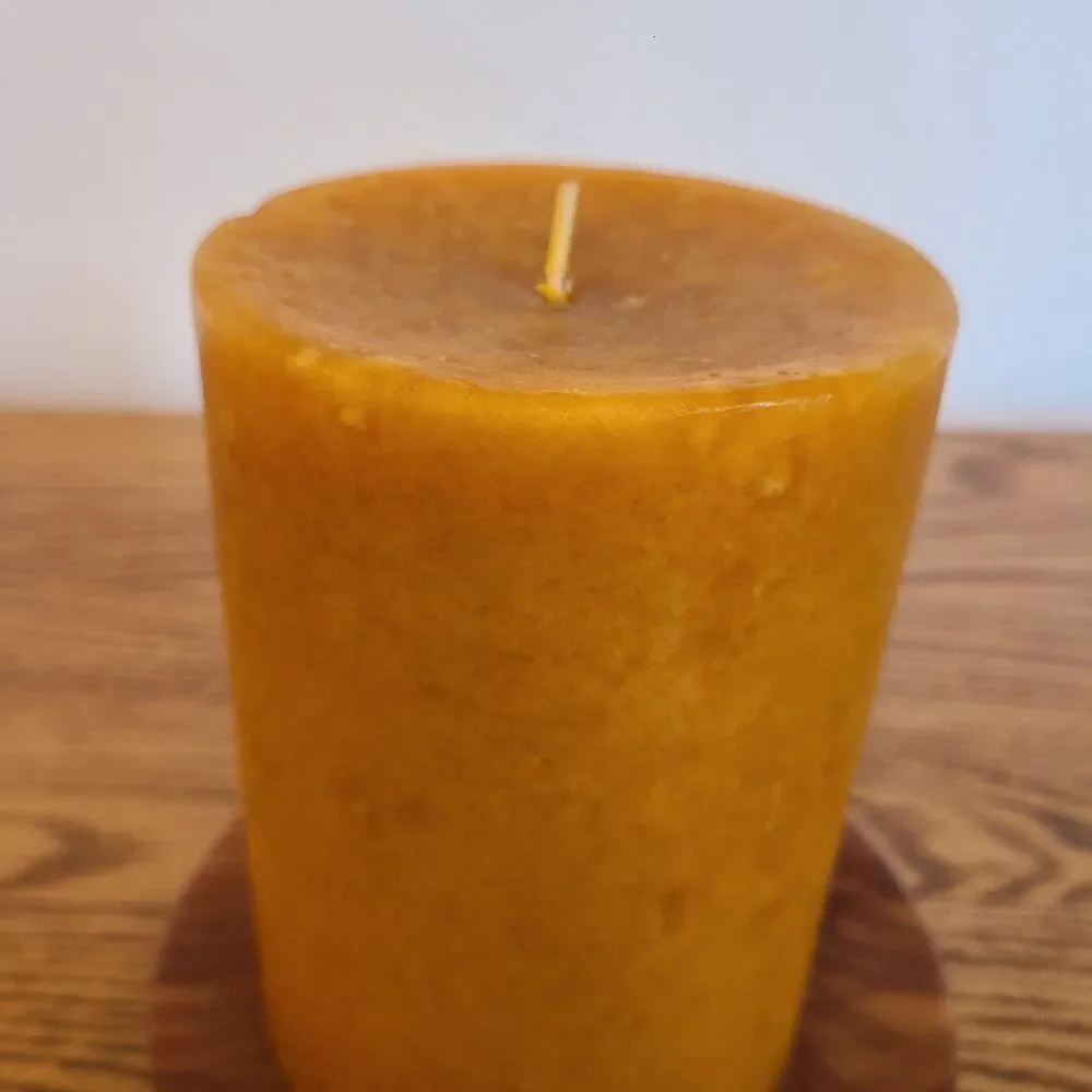 Vintage One Wick Pillar Candle With Red Cedar Wood Under-Plate Gold Amber Orange